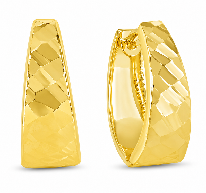 A pair of gold huggie hoop earrings with a textured, hammered diamond pattern on the outer surface, shown on a clean white background.