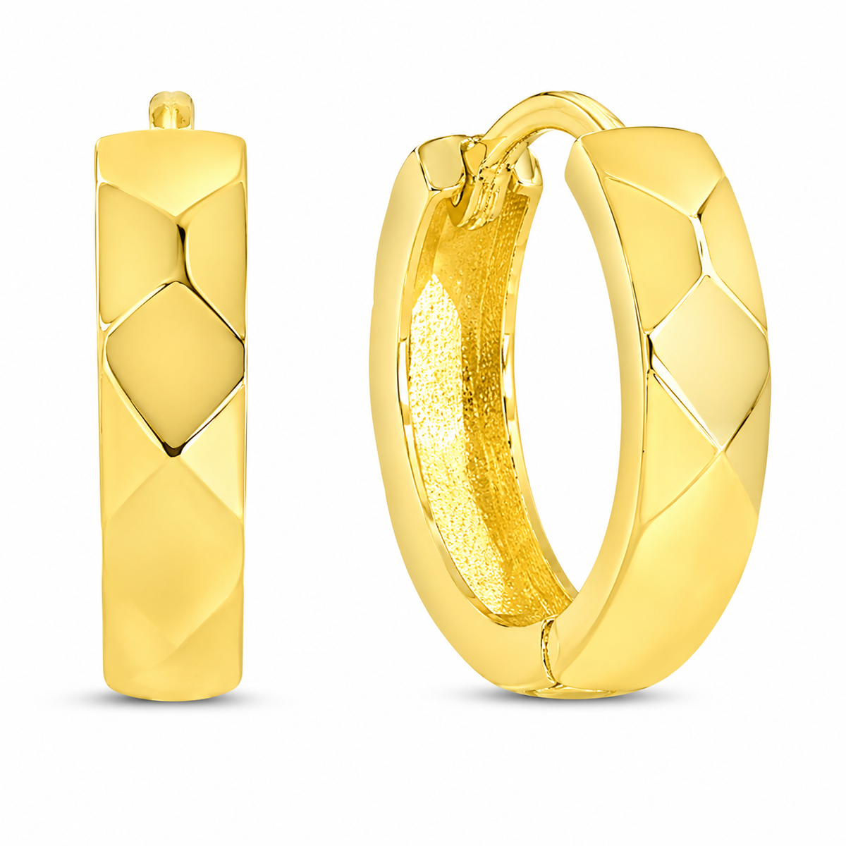 A pair of gold huggie hoop earrings with a textured, diamond-patterned exterior and a polished interior, shown on a clean white background.