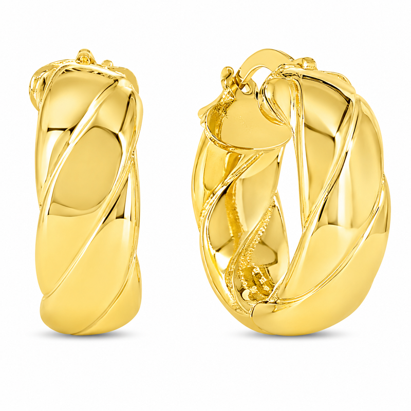 These polished hoop earrings feature sculpted ribbon-like twists that create dimension and fluid movement throughout the design. Crafted in 10K yellow gold, their hinged construction offers comfortable wear and a contemporary take on the classic hoop.

Measures 3.25MM, 15.84, 16.5MM.
