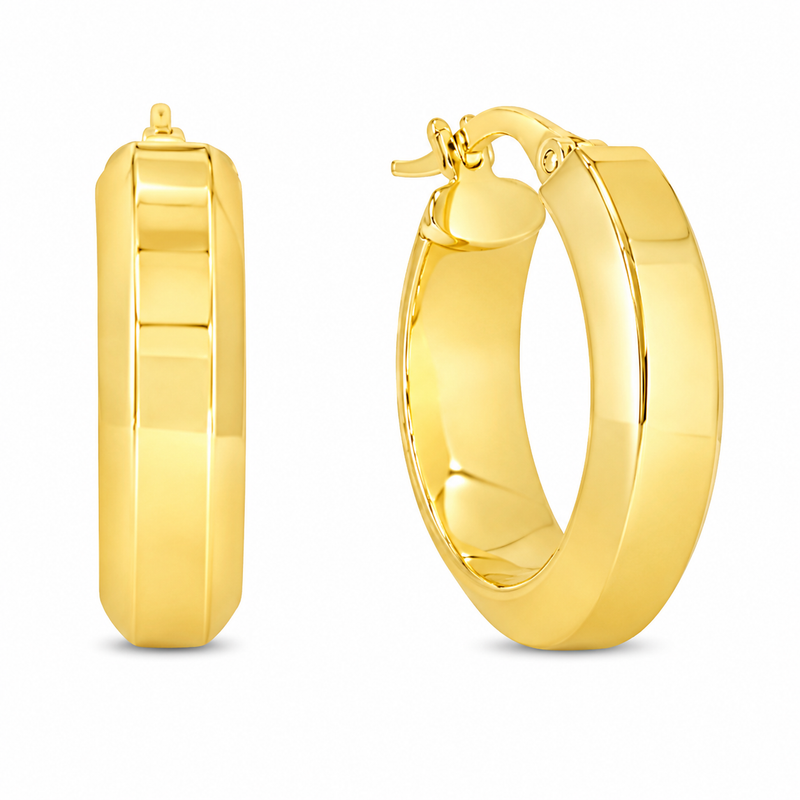 These polished hoop earrings feature a sleek flat edge profile that adds dimension to their classic silhouette. Crafted in 10K yellow gold, their hinged construction offers comfortable wear and a modern, refined look.&nbsp;

Measures 4.11MM, 16.7, 17.85MM.