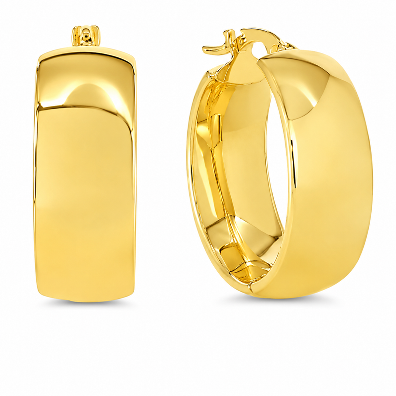 Make a statement with these bold hoop earrings, featuring a sleek, high-polish finish and a wide silhouette that beautifully reflects the light. Crafted in 10K yellow gold, their hinged design offers a comfortable fit with effortless everyday style.

Measures 7.45MM, 19.3, 20.18MM.