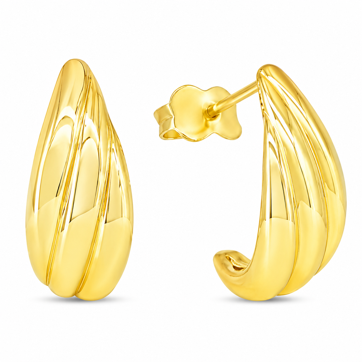 Smooth curves and softly layered grooves give these 10K yellow gold teardrop earrings a sculpted, dimensional look. Their polished finish catches the light beautifully, creating an elegant statement with a comfortable post-back design.

Measures 22.65MM, 1.5, 22.15MM.