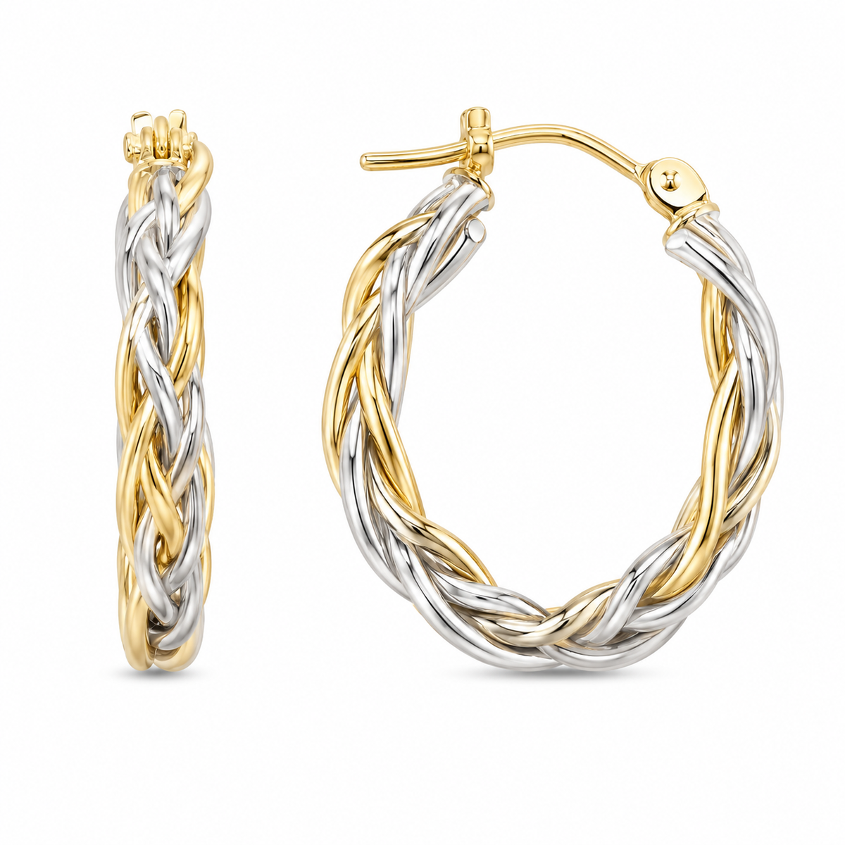 A beautifully braided design gives these 10K yellow &amp; white gold hoop earrings rich texture and dimension, with polished strands woven together for an eye-catching look. These hoops offer a bold yet versatile silhouette that transitions effortlessly from everyday wear to special occasions.

Measures 3.84mm, 14.85,19MM.