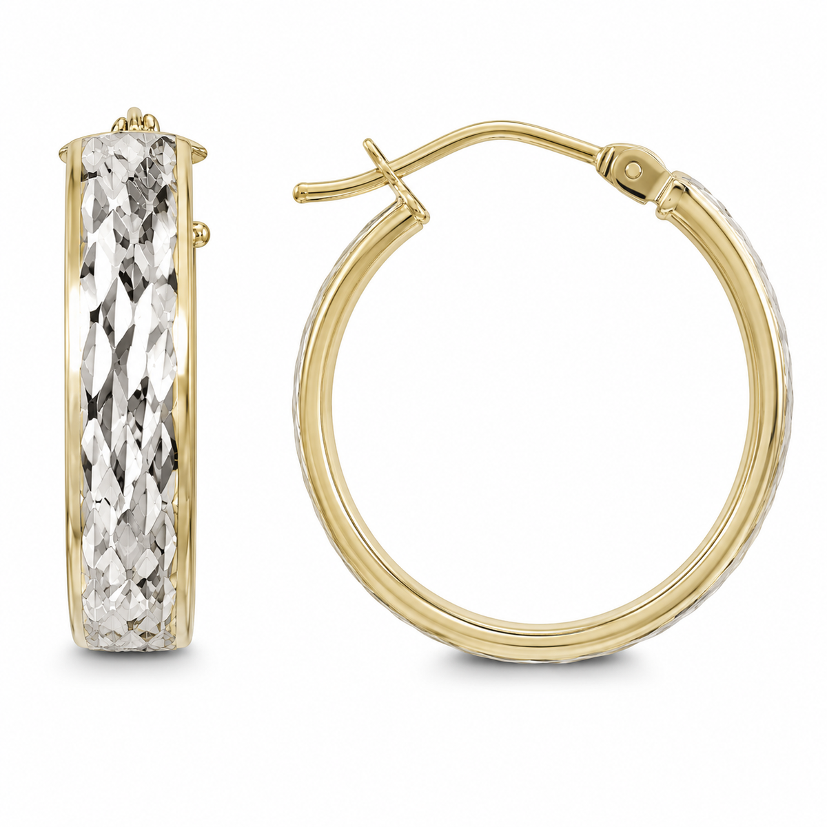 A hammered finish gives these hoop earrings a light-catching shimmer, while the combination of 10K yellow gold and 10K white gold creates versatile mixed-metal appeal. The softly rounded profile and classic hoop silhouette make them an effortless choice for everyday style.

Measures 4.35MM, 18.5, 19.3MM.