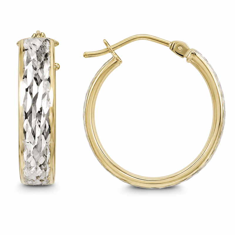 A hammered finish gives these hoop earrings a light-catching shimmer, while the combination of 10K yellow gold and 10K white gold creates versatile mixed-metal appeal. The softly rounded profile and classic hoop silhouette make them an effortless choice for everyday style.

Measures 4.35MM, 18.5, 19.3MM.