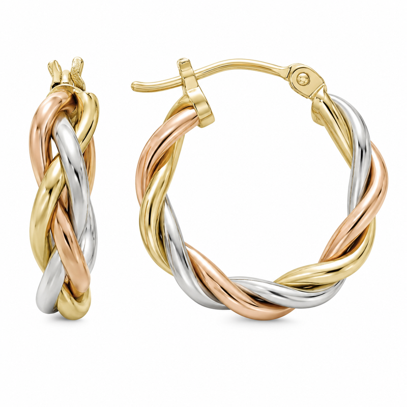Interwoven strands of 10K yellow gold, 10K rose gold, and 10K white gold create a dimensional braided design that brings movement and shine to these hinged hoop earrings. Their mixed-metal styling pairs effortlessly with any jewelry collection while the hinged closure offers comfortable, secure wear.

Measures 4.85MM, 15, 17.3MM.