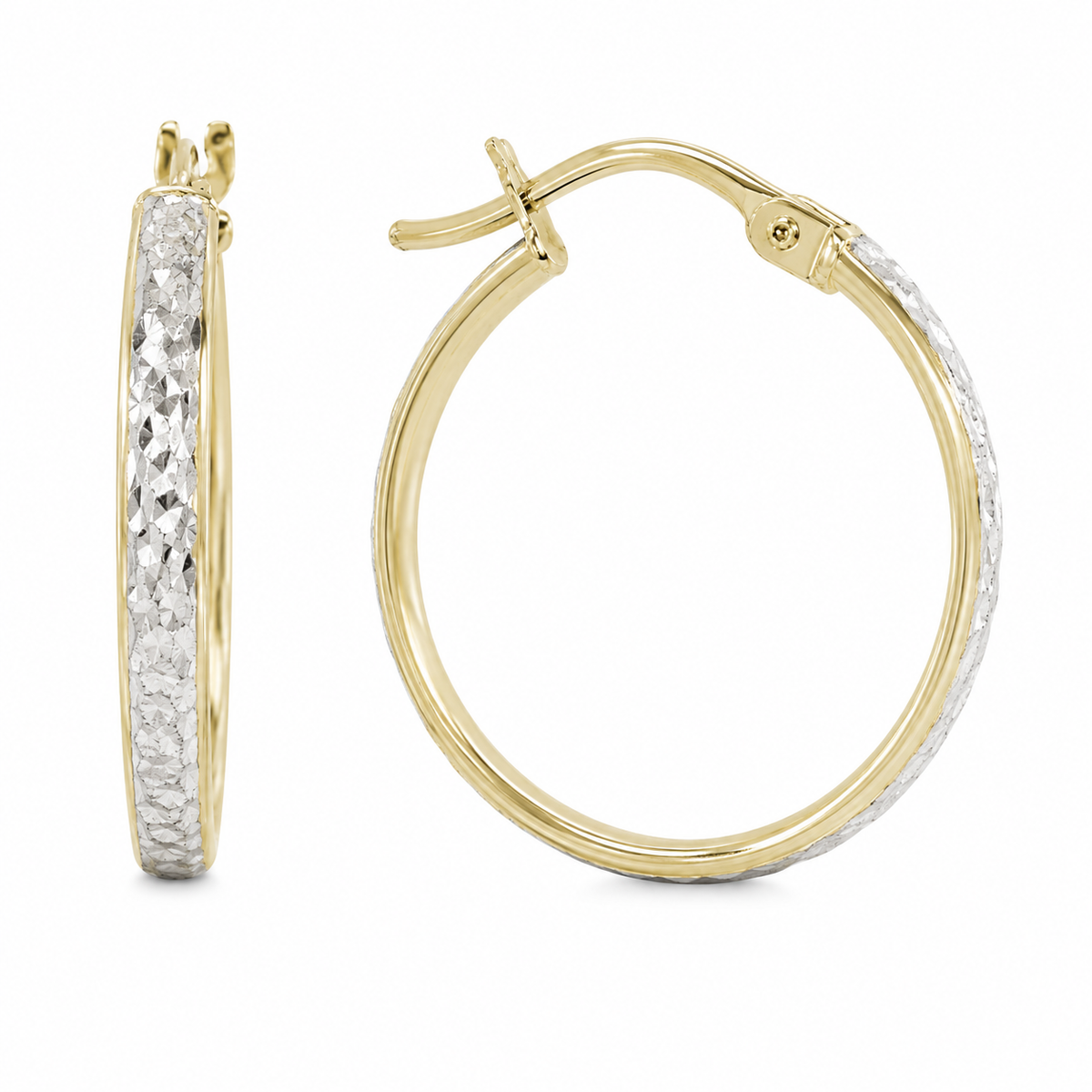 These hoops pair polished 10K yellow gold with a diamond-cut white gold accent that catches and reflects the light with every movement. The slim profile and contrasting finishes give this classic silhouette an elegant touch of shimmer.

Measures 18.55MM, 18MM, 1.9MM
