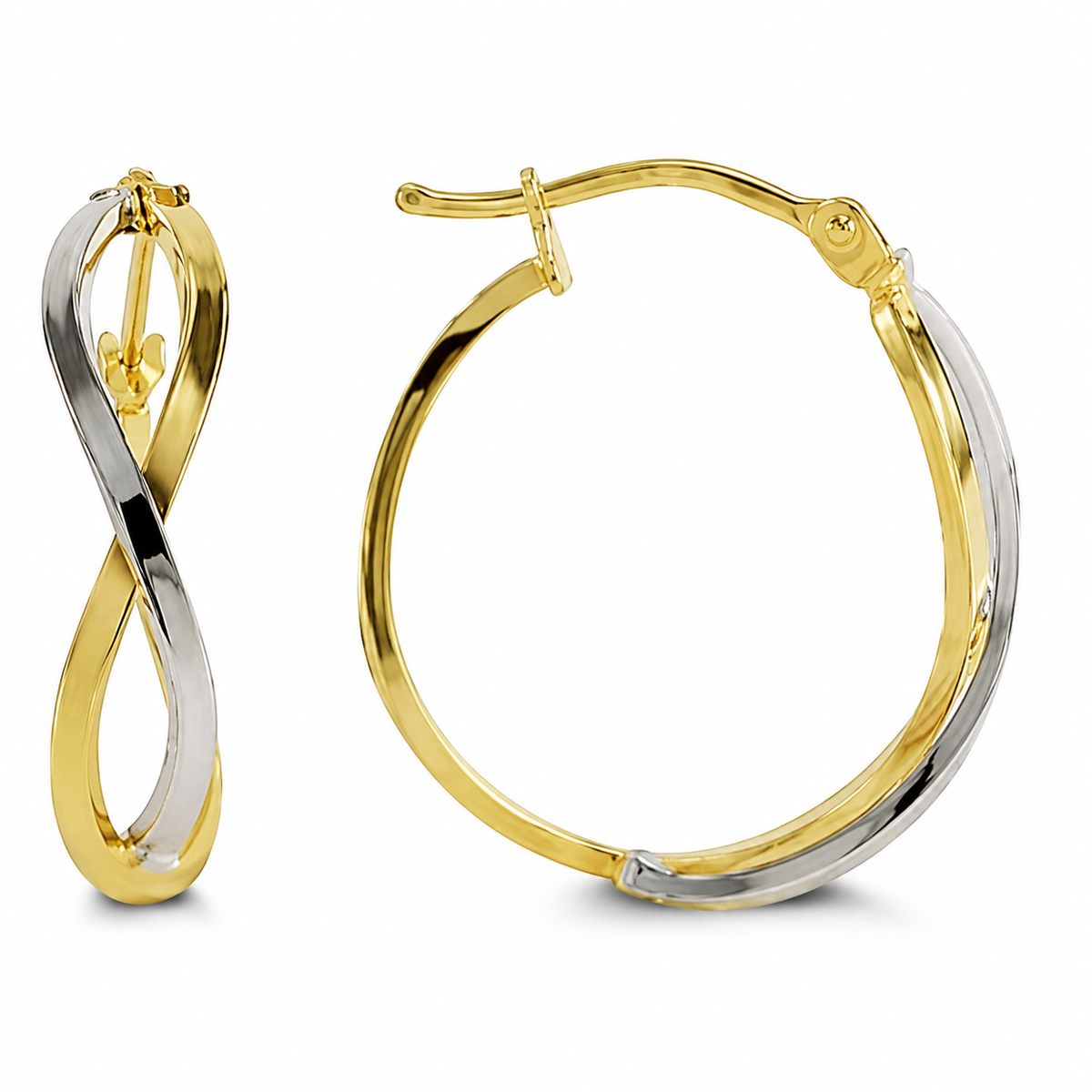 Polished 10K yellow and white gold sweep together in an infinity-inspired design, creating a fluid two-tone look. The contrasting metals give these hoops beautiful dimension while keeping the style clean and versatile.