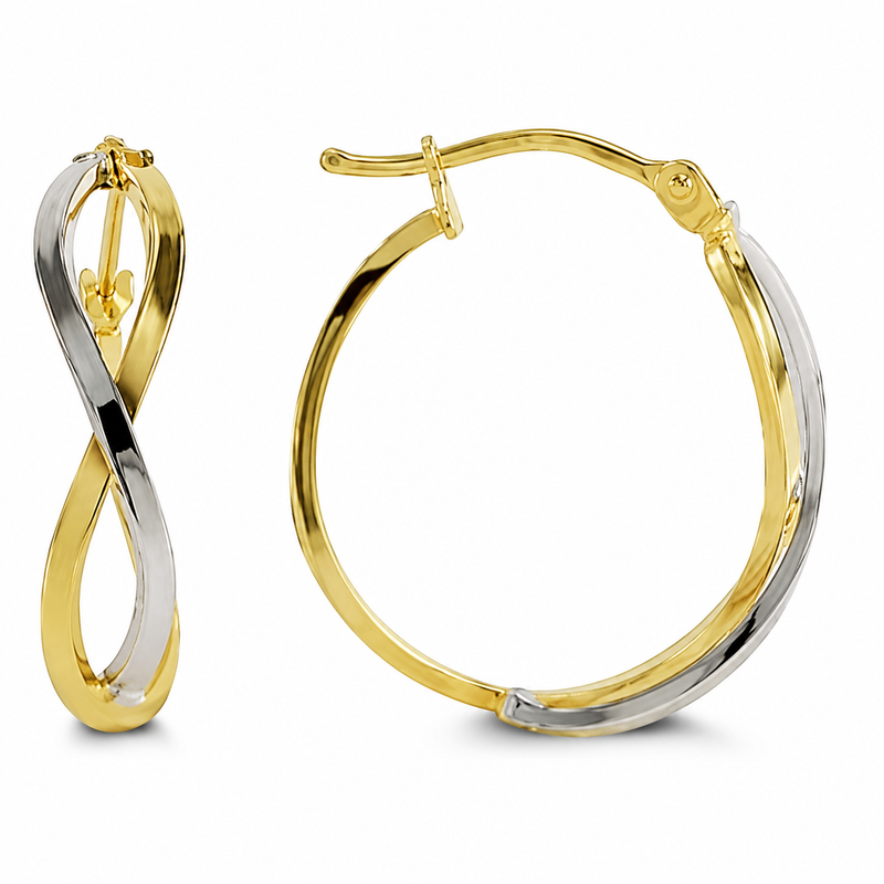 Polished 10K yellow and white gold sweep together in an infinity-inspired design, creating a fluid two-tone look. The contrasting metals give these hoops beautiful dimension while keeping the style clean and versatile.