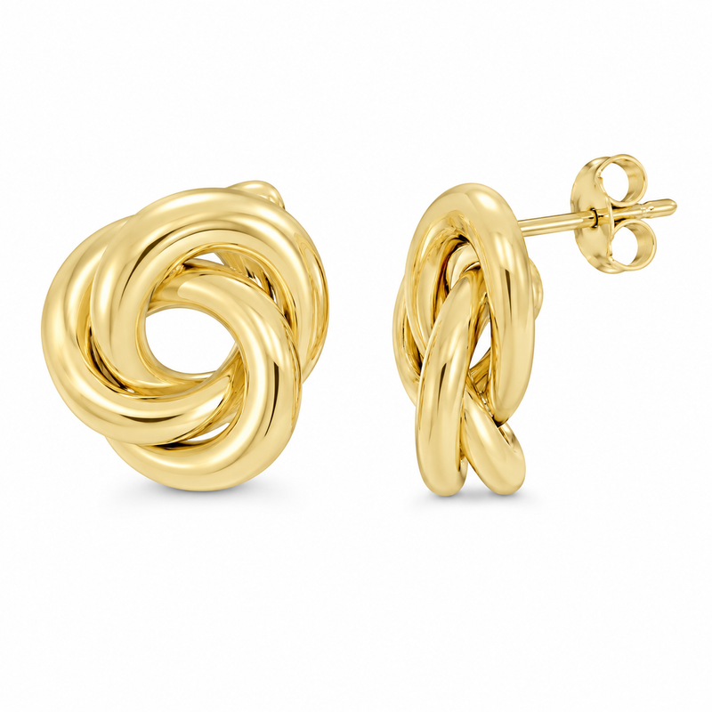 Smooth, polished ribbons of 10K yellow gold intertwine to create a sculptural love knot design that symbolizes connection and timeless style. Their softly rounded form adds dimension and shine, making these studs an effortless everyday favorite with a classic, meaningful touch.