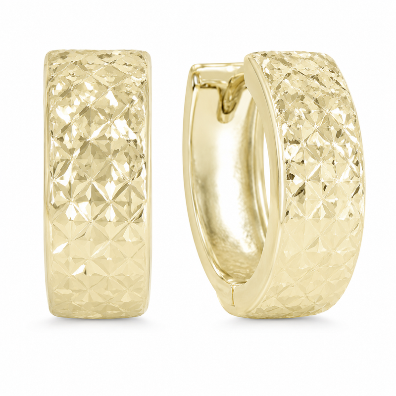 A full diamond-cut pattern creates a faceted surface that sparkles with every movement, giving these 10K yellow gold hoops a bold, light-catching finish. Their softly rounded profile and hinged design make them an easy statement piece for day or evening wear.

Measures 4.99MM, 13, 12.12MM.