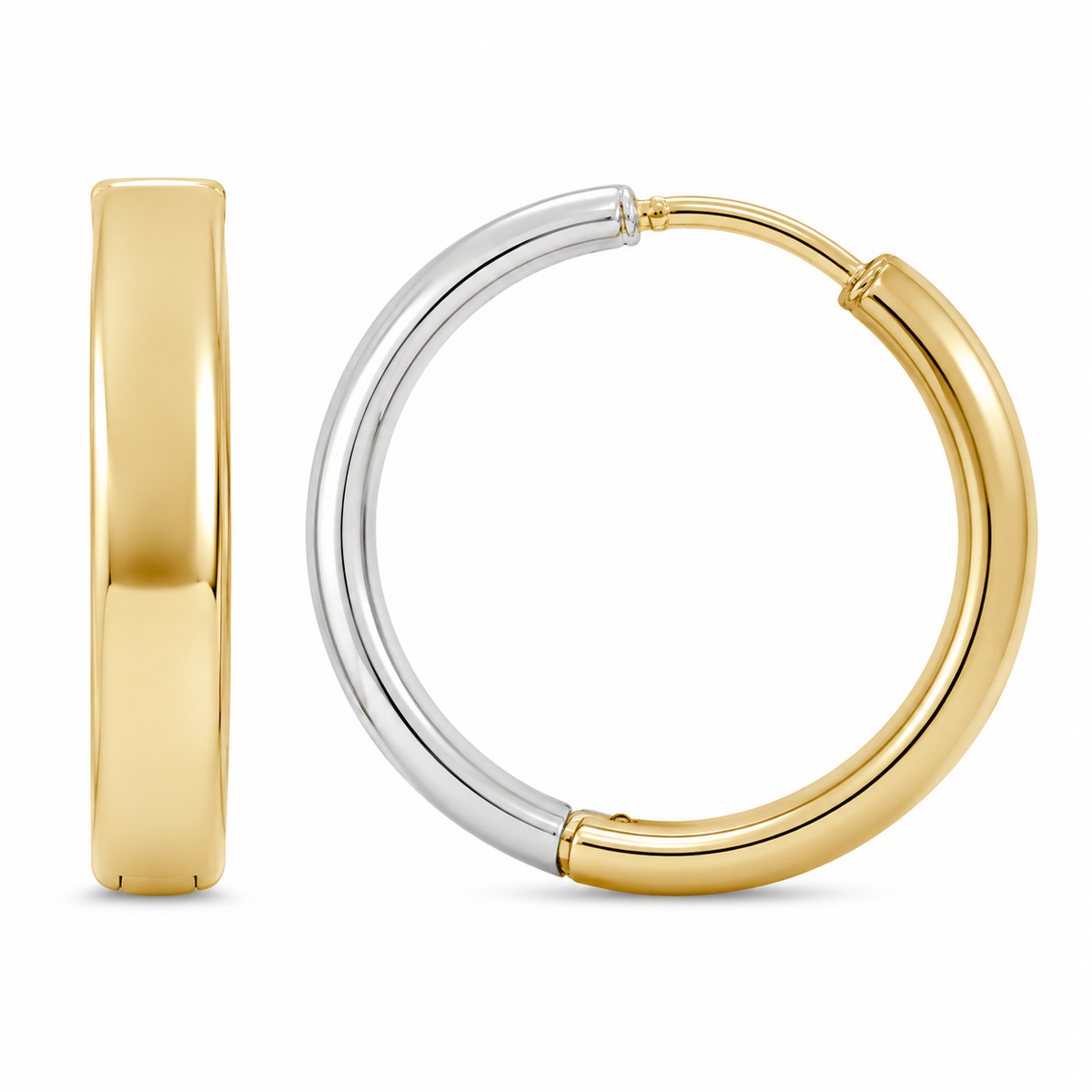 These polished hoops feature a reversible design with 10K yellow gold on one side and white gold on the other, giving you two looks in one versatile pair. Their sleek profile and timeless shape make them an effortless addition to any jewelry collection.

Measures 2.94MM, 18.12, 17.62MM.