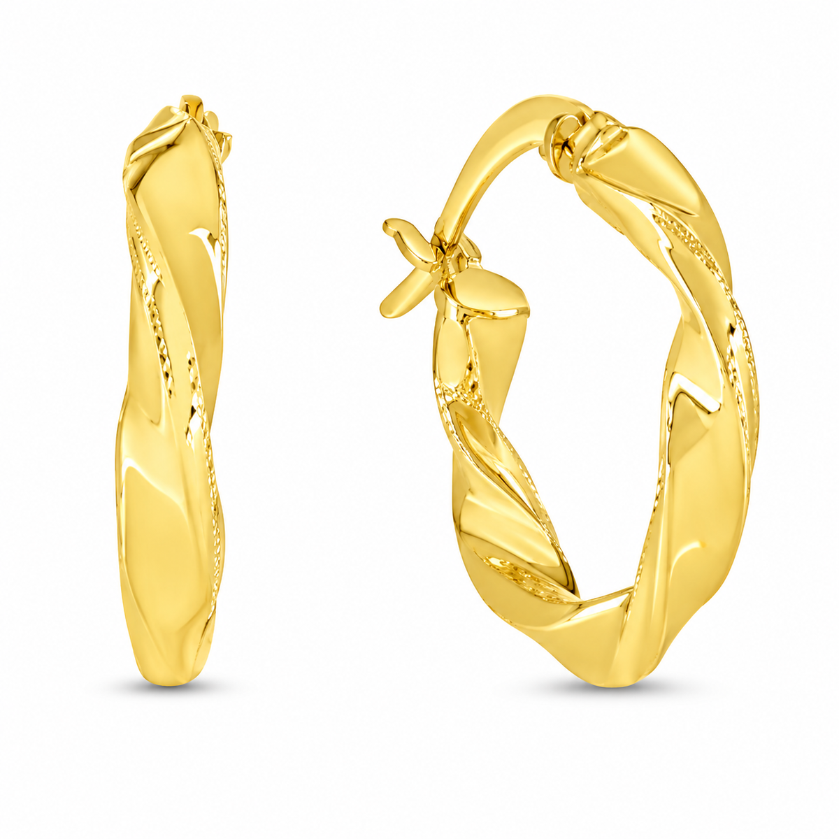 Graceful twists and flowing curves give these polished 10K yellow gold hoops a sculptural, light-catching look. Their organic shape adds modern movement while maintaining the timeless appeal of classic gold hoops.

Measures 1.5MM, 22.5, 22.65MM.