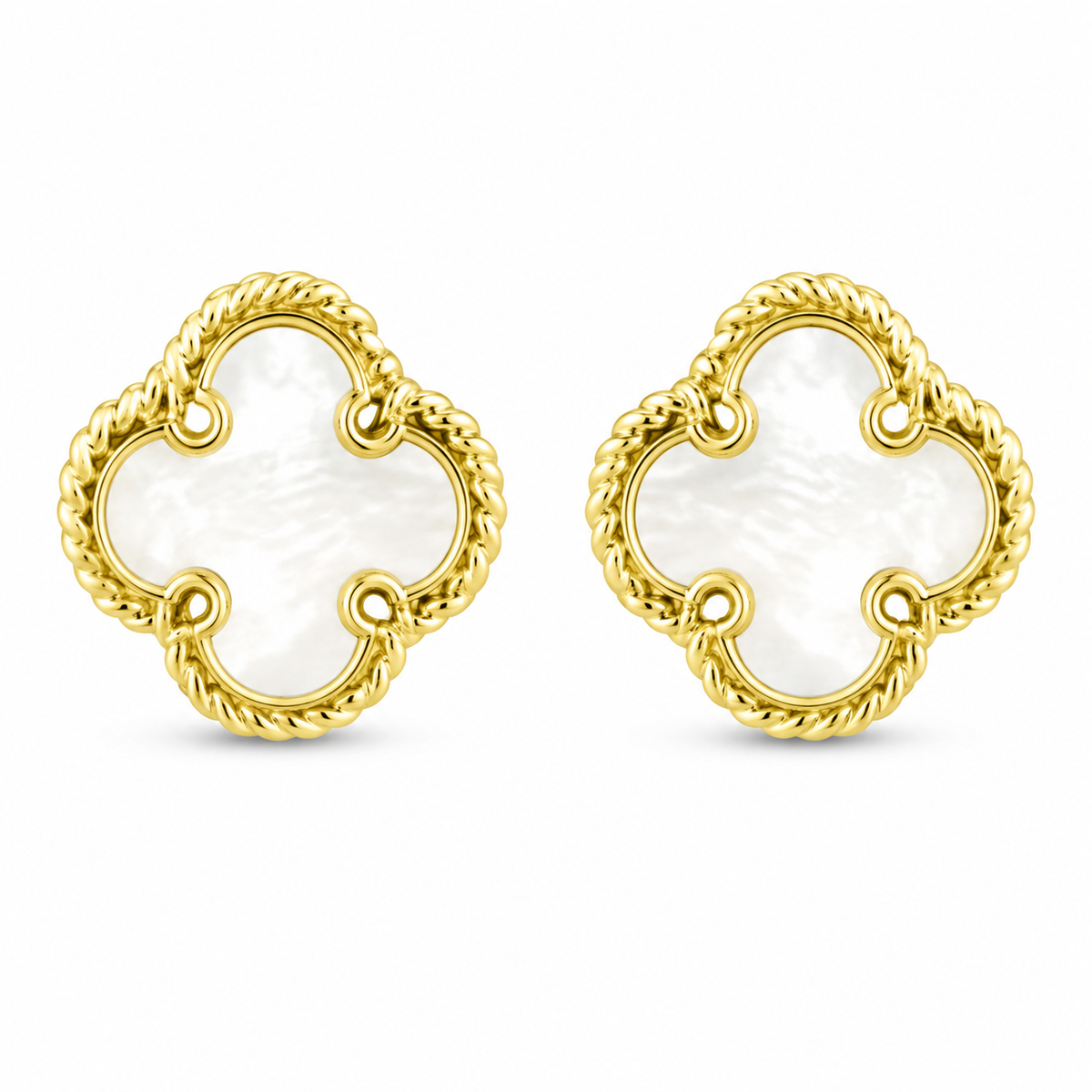 Iridescent mother-of-pearl is framed by a twisted 10K yellow gold border, creating a clover-inspired silhouette with timeless appeal. These polished stud earrings bring a soft glow and elegant texture to both every day and special occasion looks.

Measures 23.25 X 3.30MM.