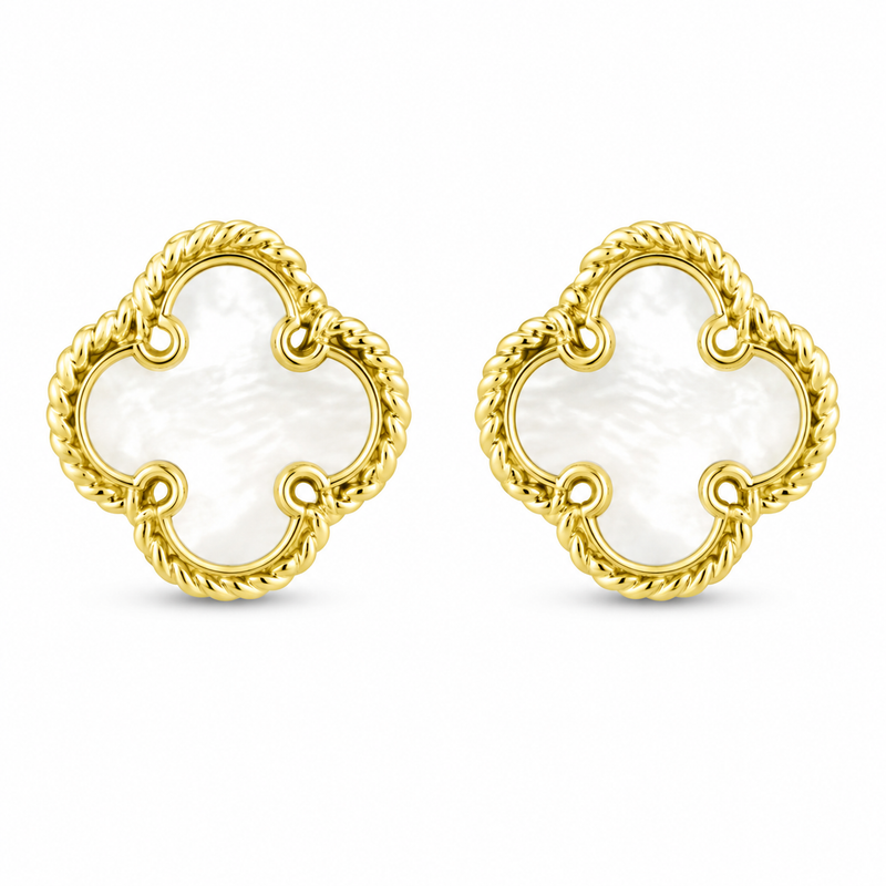 Iridescent mother-of-pearl is framed by a twisted 10K yellow gold border, creating a clover-inspired silhouette with timeless appeal. These polished stud earrings bring a soft glow and elegant texture to both every day and special occasion looks.

Measures 23.25 X 3.30MM.