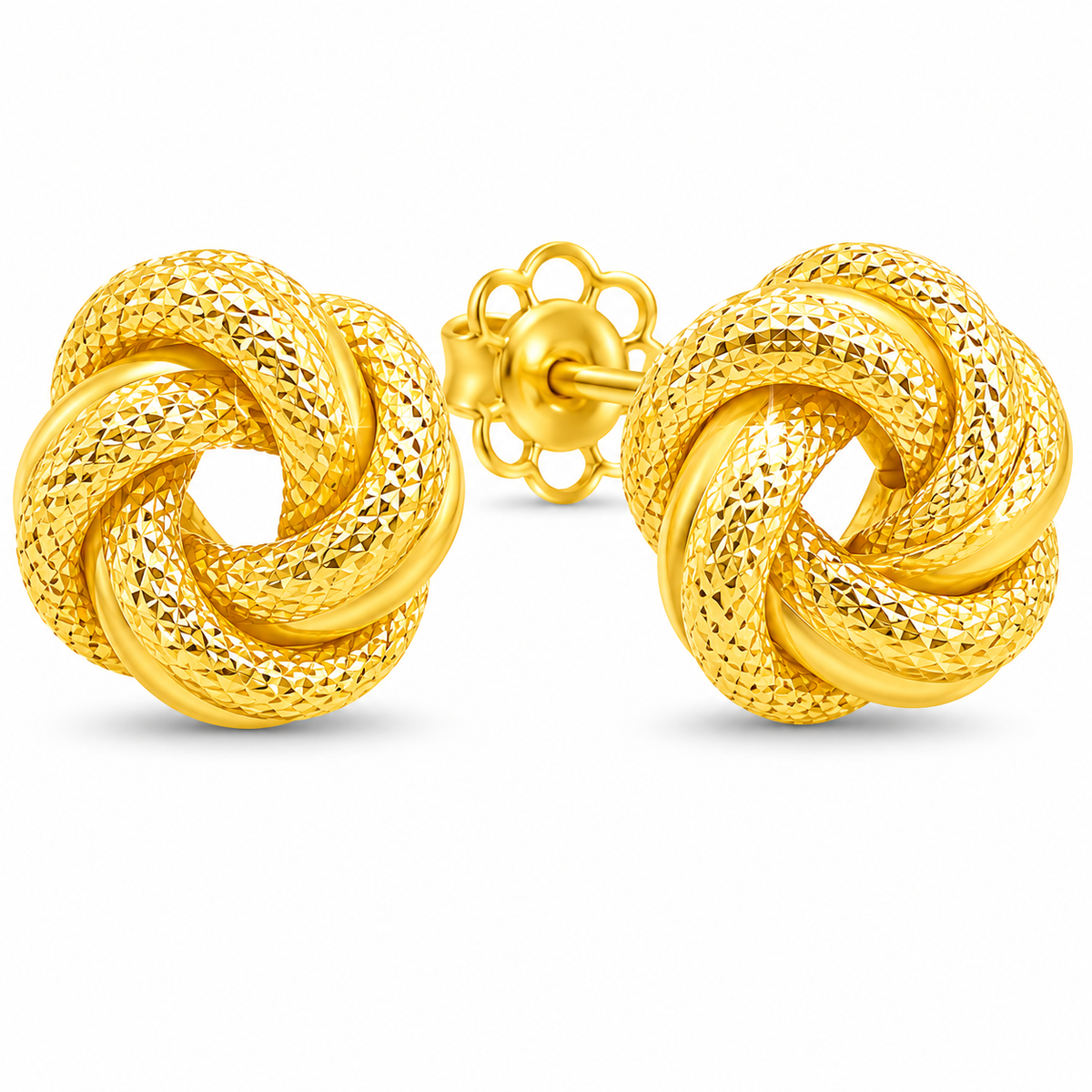 An intricate knot design symbolizes love, connection, and enduring style, while textured detailing adds brilliant dimension and sparkle. These 8mm 10K yellow gold stud earrings offer a timeless look with a bold, sculptural silhouette that transitions effortlessly from everyday wear to special occasions.