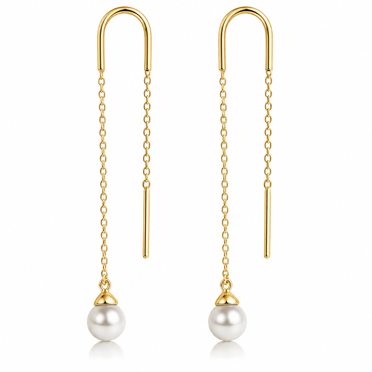 Lustrous pearls suspend gracefully from delicate 10K yellow gold threader chains, creating an elegant silhouette with beautiful movement and modern appeal. The elongated design offers a lightweight, contemporary look that effortlessly transitions from everyday sophistication to special occasions.