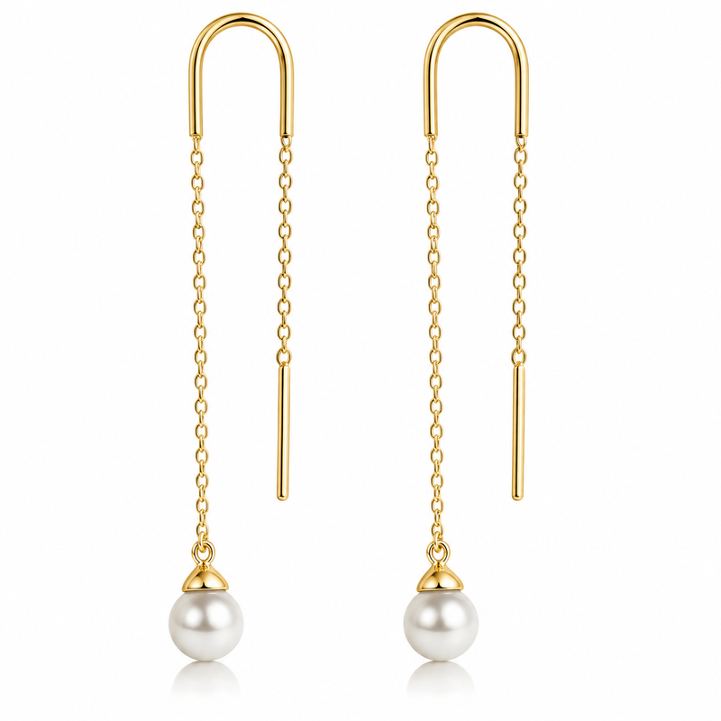 Lustrous pearls suspend gracefully from delicate 10K yellow gold threader chains, creating an elegant silhouette with beautiful movement and modern appeal. The elongated design offers a lightweight, contemporary look that effortlessly transitions from everyday sophistication to special occasions.