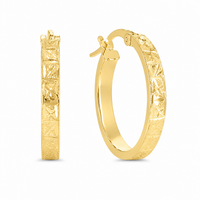 2.92X17.73X18.78MM A pair of yellow gold hoop earrings with a textured, diamond-cut pattern on the outer surface, shown on a clean white background.