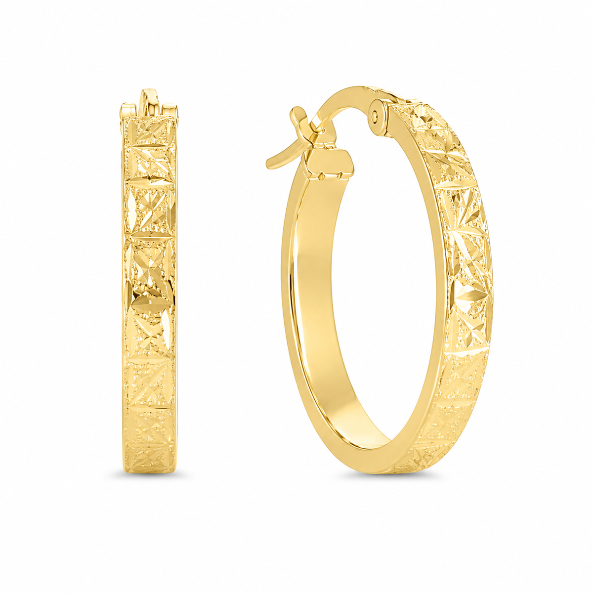 2.92X17.73X18.78MM A pair of yellow gold hoop earrings with a textured, diamond-cut pattern on the outer surface, shown on a clean white background.