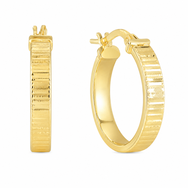 A pair of gold hoop earrings with a textured, ribbed exterior and a polished interior, shown on a plain white background. 4X14.23X15.6MM