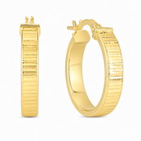 A pair of gold hoop earrings with a textured, ribbed exterior and a polished interior, shown on a plain white background. 4.16X18.5X19.95MM