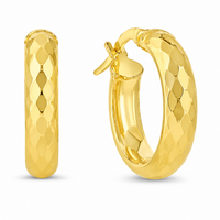 A pair of gold hoop earrings with a textured, diamond-patterned hammered finish, shown on a clean white background. 3.24X14.23X15.3MM