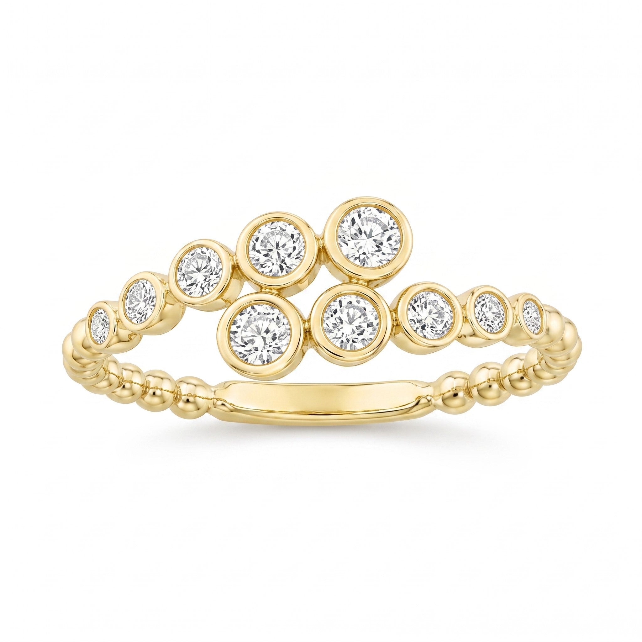 A yellow gold ring featuring a double row of bezel-set round diamonds, photographed on a clean white background.